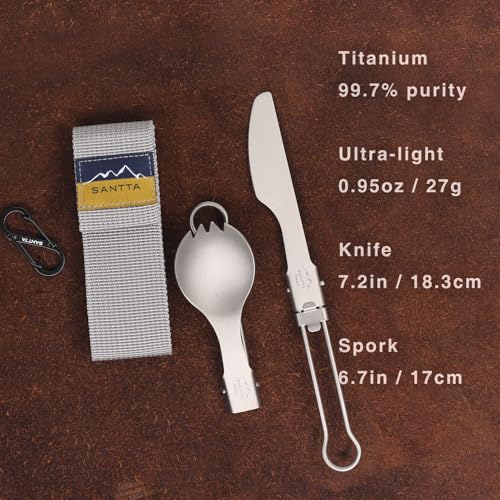SANTTA Portable Titanium Foldable Eating Utensils with Pouch and Carabiner for Backpacking, Hiking, Camping and Traveling - style: 2-pc set