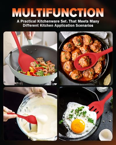Silicone Cooking Utensils Set, Perfectly Angled for Frying, Mixing,Serving,Draining,Turning and Stirring, BPA-Free Matte Silicone, Wood Handles, Safe for Nonstick Cooking Surfaces,4 Pack (Red) - color: Red