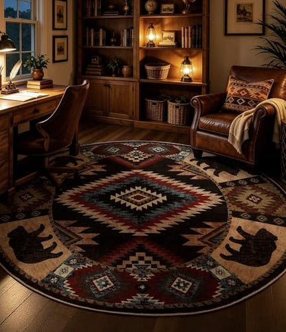 YIHOUSE Southwestern Round Rug 4ft, Low Pile Soft Circle Rug with Non-Slip Backing, Western Rustic Washable Rugs for Living Room, Bedroom - color: Bear, size: 4' (Round)