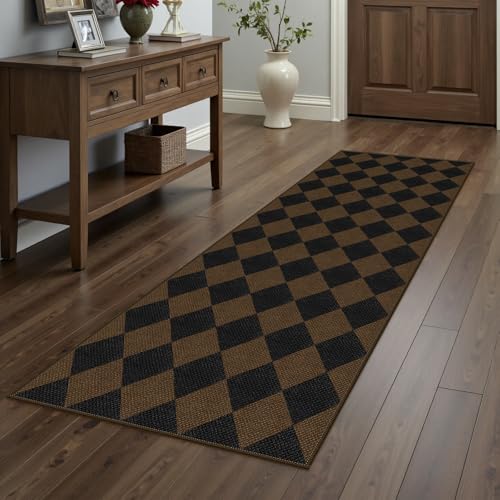 Rugalia Easy Jute Checkered Runner Rug, 2x6 Coffee Modern Washable Rugs Runner for Hallway Non-Slip Kitchen Runner Rug, Geometric Diamond Indoor Outdoor Carpet for Porch Laundry Entryway - color: Coffee Checkered, size: 2' x 6' (Runner)