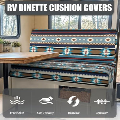 RV Dinette Cushion Covers (1 Bench Covers & 1 Backrest Covers) - Aztec Pattern Stretch Camper Cushion Booth Seats Replacement - Washable Sofa Furniture Protector - color: Aztec Pattern