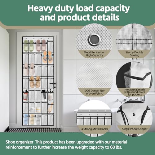 PAULONE 35 Pocket Over the Door Shoe Organizer,Reusable Breathable Large Mesh Bag Men's & Women's Sneaker Organizer,Shoe Organizer for Kids,Hanging Shoe Storage Hanging Bag (White, 35-Slot)