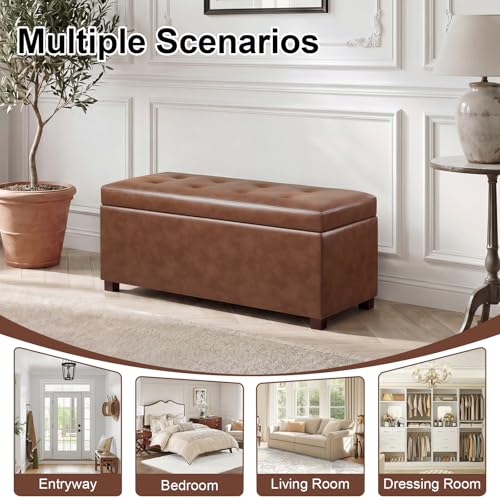 Asense Storage Ottoman Bench,Faux Leather Upholstered Ottoman with Storage,End of Bed Bench with Safety Hinge Wooden Legs,for Entryway,Bedroom,Living Room - color: 37" Faux Leather Tan Brown