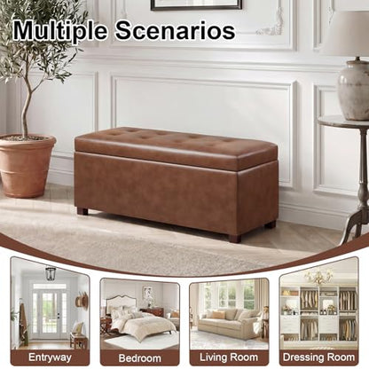 Asense Storage Ottoman Bench,Faux Leather Upholstered Ottoman with Storage,End of Bed Bench with Safety Hinge Wooden Legs,for Entryway,Bedroom,Living Room - color: 37" Faux Leather Tan Brown