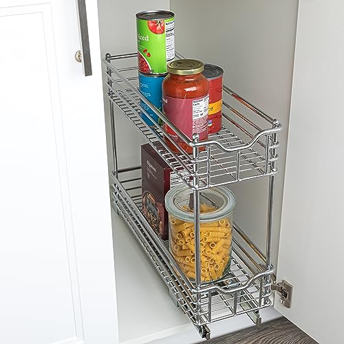Household Essentials Glidez 2‑Tier Multipurpose Chrome‑Plated Steel Pull‑Out/Slide‑Out Under Cabinet Organizer, Chrome Finish - size: 7" - Extended, style: 2-Tier
