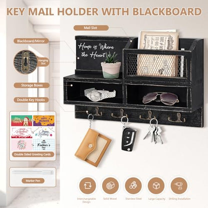 Key Holder Wall Mount, Wooden Mail and Key Organizer with Chalkboard and Mirror, 3 Greeting Cards, 8 Hooks, Black - color: Black