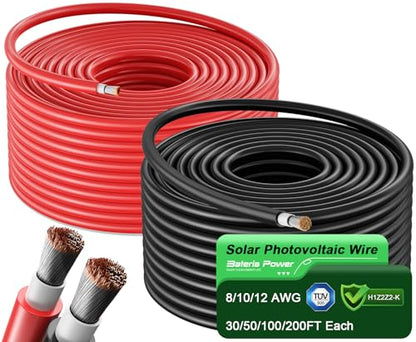 Bateria Power 2x50 Feet 8AWG (10mm²) Solar Panel Wire, Tinned Copper Solar Panel Extension Cable PV Wiring for Photovoltaic Solar System, Automotive RVs, Marine (50FT Red + 50FT Black) - color: Black+Red, size: 50Ft 8AWG