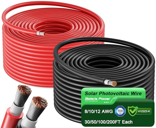 Bateria Power Solar Panel Wire 250FT Black and 250FT Red Kit, 10AWG (6mm²) Solar Panel Extension Cable PV Tinned Copper Wire for Outdoor Home Off-Grid Photovoltaic Systems Automotive RV Boat Marine - color: Black+Red, size: 250FT 10AWG
