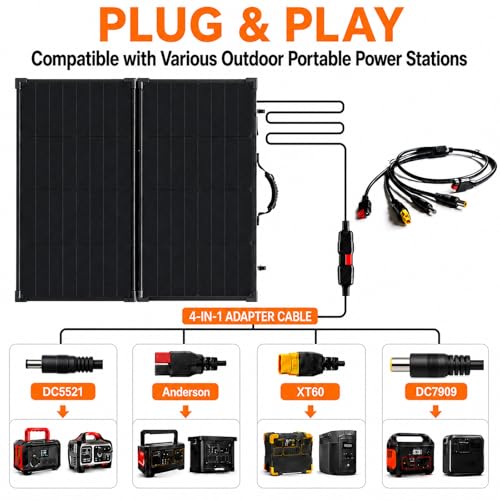100W Portable Foldable Solar Panel Suitcase with 10A/12V MPPT Controller & 4-in-1 Adapter Cable, 25% High-Efficiency Solar Panel Charger for Portable Power Stations & 12V Batteries