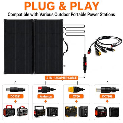 100W Portable Foldable Solar Panel Suitcase with 10A/12V MPPT Controller & 4-in-1 Adapter Cable, 25% High-Efficiency Solar Panel Charger for Portable Power Stations & 12V Batteries