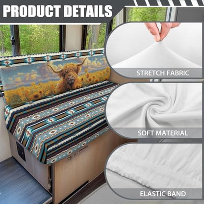 RV Sofa Covers - Elastic Camper Cushion Slipcovers, Aztec Cattle Sunflower Non-Slip Furniture Protector for RV Dinette & Travel Trailer (Indoor Use, Lightweight) - color: Aztec Cattle Sunflower
