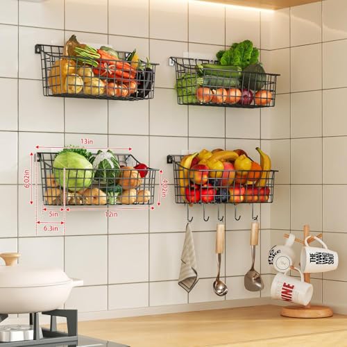 Sonyabecca 6 Pack Hanging Wall Basket for Organizing, Large Wire Basket for Storage Pantry with 5 S Hook+6 Adhesive Hook, Wall Mounted Shelf for Kitchen Bathroom - size: 13"L x 6.3"W x 6.02"H-6Pack