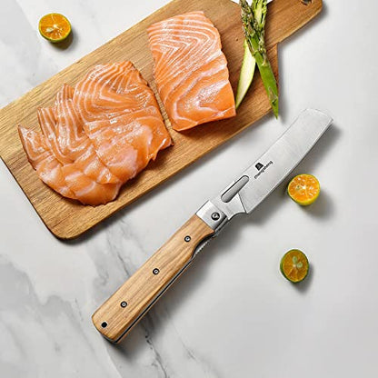 ZhengSheng Folding Chef Knife 4.8” Ultra Sharp 440A Stainless Steel Blade Natural Olive Handle Pocket Foldable Japanese Style Kitchen Knife for Outdoor Camping BBQ trip Cooking - color: #1 Natural Olive Handle