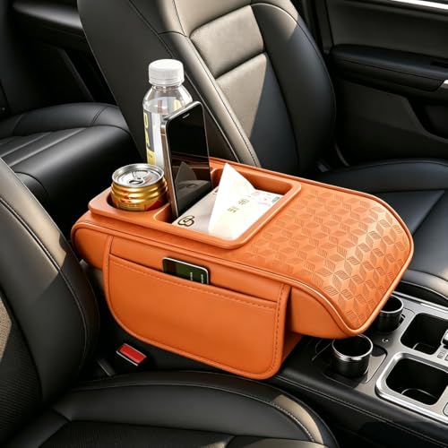 Car Center Console Cover, Auto Car Armrest Cushion 5-in-1 with Cup Holder, Tissue Box Slot, Phone Slot for Vehicle, Car Accessories Interior Storage Organizers (Orange) - color: Orange