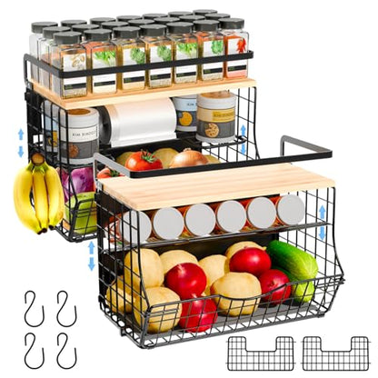 Magnetic Shelf for Fridge with Wood Lid, Fruit Potato and Onion Storage Bins, Kitchen Large Container Magnetic Spice Rack for Refrigerator, Kitchen Counter, Tools, Snack (BLACK, 2 Pack) - size: 2 Pack