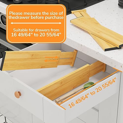 BAMEOS Bamboo Expandable Drawer Dividers – Fits 16.65"–22" Drawers, 4" Extra Deep Walls, Set of 4 | Maximum-Height Spring-Loaded Organizer for Deep Kitchen, Bathroom & Dresser Drawers - size: 4''H, 16.65''-22''L