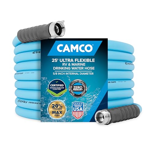 Camco EVOFlex 25-Ft RV Drinking Water Hose - Features Extra Flexible Design w/Stainless Steel Strain Relief Ends - Lead-Free, BPA-Free and Phthalate-Free - 5/8” Inside Diameter (22591) - size: 25-Foot, style: Durable PVC