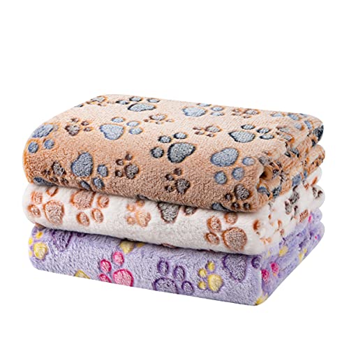 Dono 1 Pack 3 Dog Blankets, Soft Fluffy Fleece Pet Blanket Warm Sleep Mat Paw Print Design Puppy Kitten Throw Blankets Doggy Blanket for Dogs - color: Purple/Beige/Brown, size: Large(41*31")