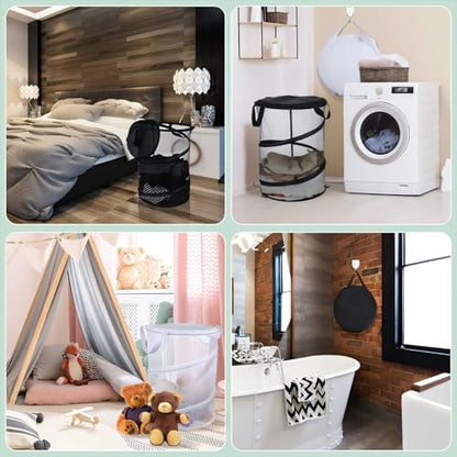 4 Set Pop up Laundry Hamper with Lid Mesh Collapsible Laundry Baskets with Handles Round Foldable Pop up Hamper with Sticky Hooks for Dirty Clothes Storage Room Organizer Travel Room Dorm White, Black