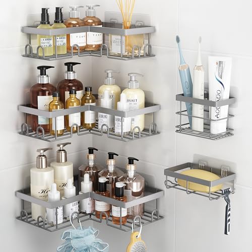 Liuoud Corner Shower Caddy 5 Pack, Rustproof Stainless Steel Shower Organizer with Soap Rack Toothbrush Holder, Large Capacity Adhesive No Drilling Bathroom Kitchen&Home Decor Set, Grey - color: Grey