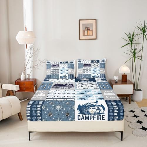 Happy Camping Fitted Sheet Queen Size for Boys Kids Teens, Camper Bedding Set, Rustic Farmhouse Style Fitted Bed Sheets, Sketch Drawing Camper Bedding, Camping Car Sheet with Deep Pocket, Blue - color: Multi 0218, size: Queen (No Top/Flat Sheet)