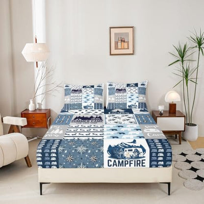 Happy Camping Fitted Sheet Queen Size for Boys Kids Teens, Camper Bedding Set, Rustic Farmhouse Style Fitted Bed Sheets, Sketch Drawing Camper Bedding, Camping Car Sheet with Deep Pocket, Blue - color: Multi 0218, size: Queen (No Top/Flat Sheet)