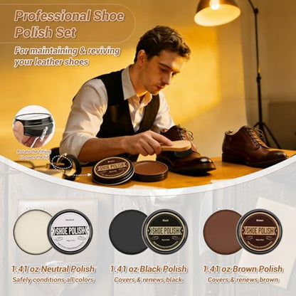 Cruzix Leather Shoe Polish Kit- Shoe Shine Gift for Men with Black Brown Neutral Shoe Polish Horsehair Brush Sponge Cloth - color: 3 Shoe Polish + 5 Tools