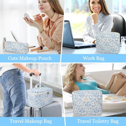 Gosect 3pc Makeup Bag Set, Quilted Makeup Bag Set, Large Floral Cosmetic Bag for Women, Cute Cotton Makeup Bags, Flower Travel Toiletry Organizer Bag (Large Flower) - color: Big Flower