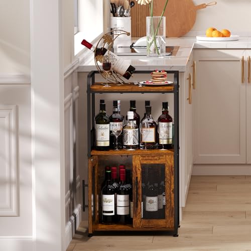 Hencawima Small Coffee Bar Cabinet with Storage, 3-Tier Rolling Coffee Bar Table, Farmhouse Coffee Cart Station with 2 Doors for Living Room, Dining Room, Rustic Brown - size: Small