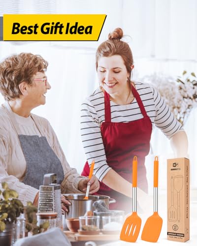 Pack of 2 Silicone Solid Turner, Non Stick Slotted Kitchen Spatulas, High Heat Resistant BPA Free Cooking Utensils, Ideal Cookware for Fish, Eggs, Pancakes (ORANGE) - color: Orange