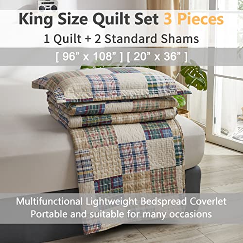 Plaid Collection King Size Quilt Set - Lightweight Reversible Bedspread with Pillow Shams, Beige - color: Beige Plaid, size: King