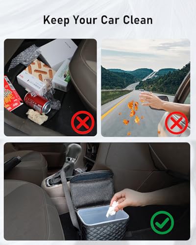 BELINOUS Leather Car Trash Can with Matching Tissue Holder | Waterproof and Leakproof, Mini Car Trash Can with Lid, Adjustable Strap, Small Garbage Bin