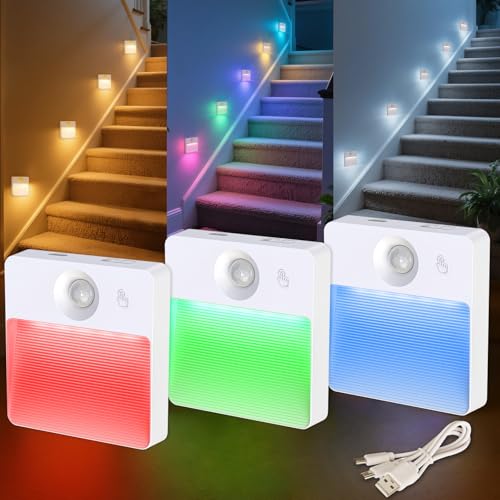 Guankai 3 Pack Motion Sensor Stair Light for Indoor, Rechargeable Battery Operated Closet Lights, RGBW Stick On Night Lamp, Motion Activated Magnetic Lighting Lamps for Step, Cabinet,Hallway,Bathroom - color: White, size: 3 Pack