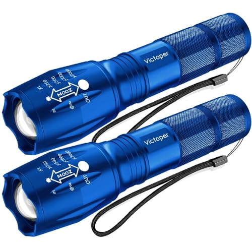 Victoper LED Flashlight 2 Pack Blue, Bright Tactical Torch High Lumens 5 Modes, Waterproof Zoomable Flash Light for Outdoor, Birthday Gifts for Men, Dorm Room Hiking Camping Essentials Gear for Guys - color: Blue, size: 2 PACK