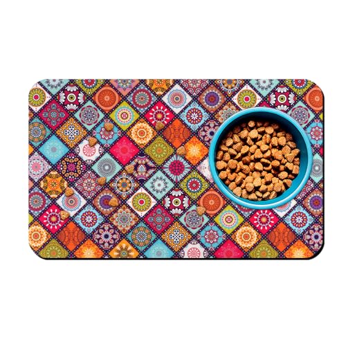 Dog Food Mats for Floors Boho Waterproof Mat for Cat Food and Water Bowls - Absorbent Quick Dry Non Slip Mat for Pet Feeding - color: Boho, size: 20"L x 12"W