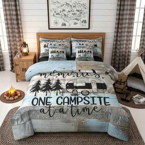 Erosebridal 7 Piece Twin Comforter Set with 2 Pillowcases, RV Camper Bedding Set for Kids Teens Adult Room Retro Wood Camp Camper Bed in a Bag with Flat Sheet, Fitted Sheet Rustic Farmhouse Decor - color: Black Blue, size: Twin