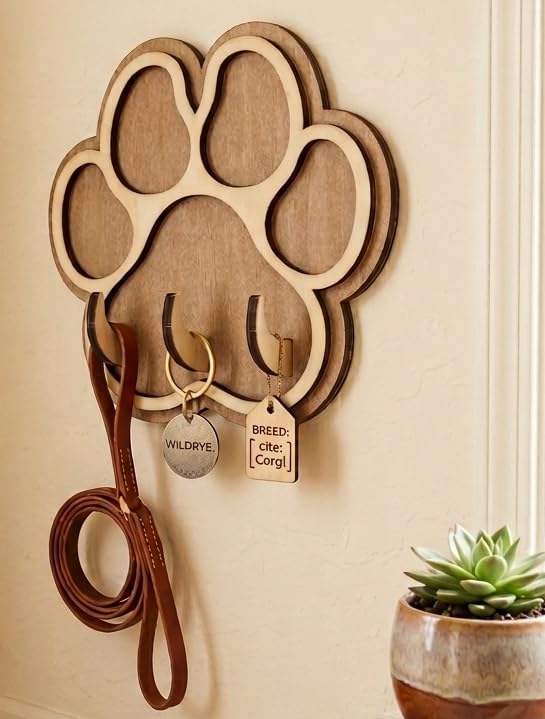 Paw Print Dog Leash Holder for Wall, Handmade Wood Key Rack with 3 Hooks, Pet Entryway Organizer, Gift for Dog Lovers, Key Holder, Key Rack