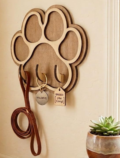 Paw Print Dog Leash Holder for Wall, Handmade Wood Key Rack with 3 Hooks, Pet Entryway Organizer, Gift for Dog Lovers, Key Holder, Key Rack