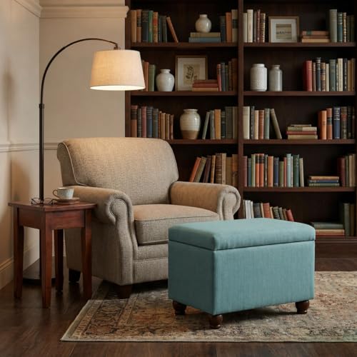 HomePop 22" Medium Rectangular Storage Ottoman - Aqua Linen - color: Aqua Linen