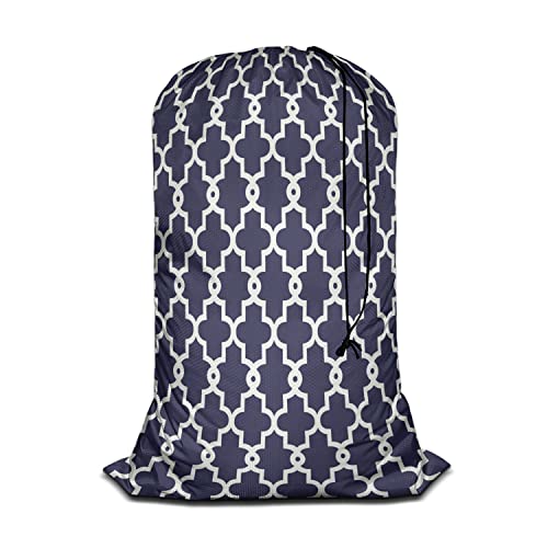 Swono Geometric Pattern Laundry Bag with Drawstring Closure Moroccan Clover Flower Lantern Shape Heavy Duty Oxford Cloth Laundry Portable for Home Dorm Room Essentials for Travel Camp, White Blue - color: Geometric Pattern