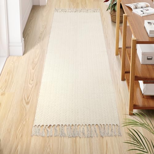 Lahome Belle Boho Kitchen Runner, 2x6 Laundry Room Rug Lightweight Runners for Hallways Washable Runner Rug with Tassels, Farmhouse Cotton Beige Throw Rugs Non Shedding Carpet for Entryway Bathroom - color: Beige/White, size: 2' x 6' (Runner)