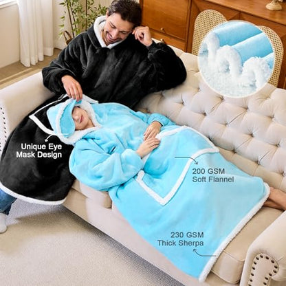 IFNOW Wearable Blanket Hoodie, Oversized Sherpa Fleece Hooded Sweatshirt with Eye Mask, Cozy and Giant Blanket Hoodie with Sleeves Extra Long for Adults Men Women, Black - color: Black, size: Adult