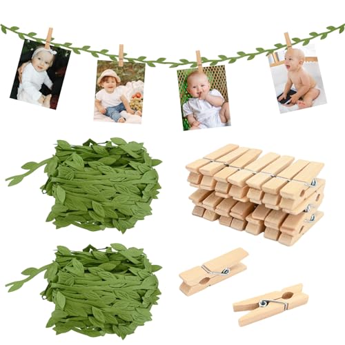 80PCS Mini Clothespins with Leaf Ribbon for Photo, 2pcs 33ft Artificial Greenery Vine and Wood Picture Clips, Hanging Photo Display for Wild Jungle Baby Shower Wedding Birthday Party Decor