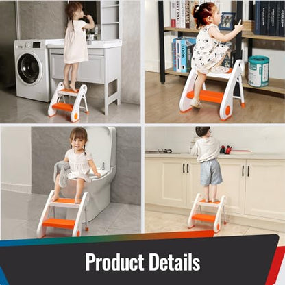Toddler Step Stool - Foldable 2-Step Stool with Non-Slip Rubber Feet & Platform, Safety Lock, 300lbs Capacity, Lightweight for Potty Training, Bathroom Sink, Kitchen, Orange