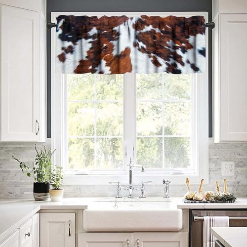 Farmhouse Cowhide Valance, Abstract Brown White Cow Fur Western Animal Skin Print Blackout Short Window Curtain for Kitchen Bedroom Living Room, 54x18inch - color: Cowhide-8