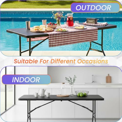 FDW 6FT Folding Table, Portable Fold-in-Half Plastic Picnic Party Table with Carrying Handle （Black Ratten, 6FT） - color: Black Ratten, size: 6 FT 70"x29"