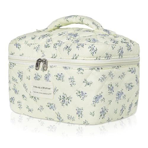 Gosect Large Travel Quilted Makeup Bag for Women,Big Floral Cotton Cosmetic Bag, Cute Coquette Aesthetic Floral Toiletry Organizer Bag (Blue Flower) - color: 029Blue Flower