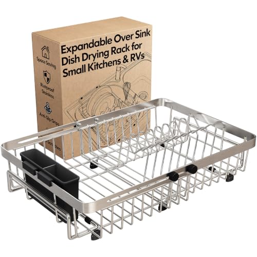 MAJALiS Dish Drying Rack Over The Sink with Utensil Holder | Expandable Stainless Steel Dish Drainer for Small Kitchen, Apartment, RV, Counter Space Saving, Perfect Fit, Rustproof - color: Silver, size: For 13-30" W Sink