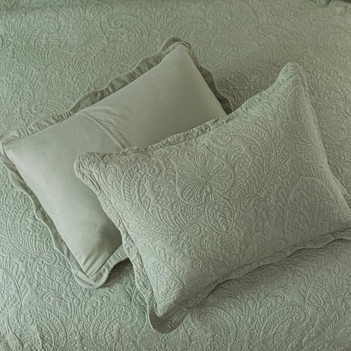 HoneiLife Queen Quilt Bedding Sets - Microfiber Quilt Sets for Queen Bed, 3-Piece Lightweight Bedspreads,Reversible Coverlets Rustic Bedlinen Sets, Embroidered Bedding Sets All Season Quilts - color: Pickle Green, size: Queen/Full-90"x96"