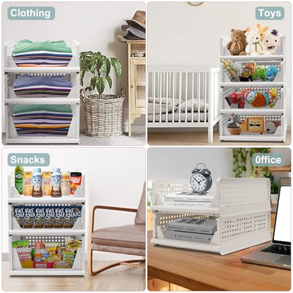 Goderewild Stackable Foldable Storage Baskets, Folding Storage Bins, Closet Organizers and Plastic Drawer Shelf Storage Container for Wardrobe, Cupboard, Kitchen, Bathroom, Office (White, 4S) - size: 4S